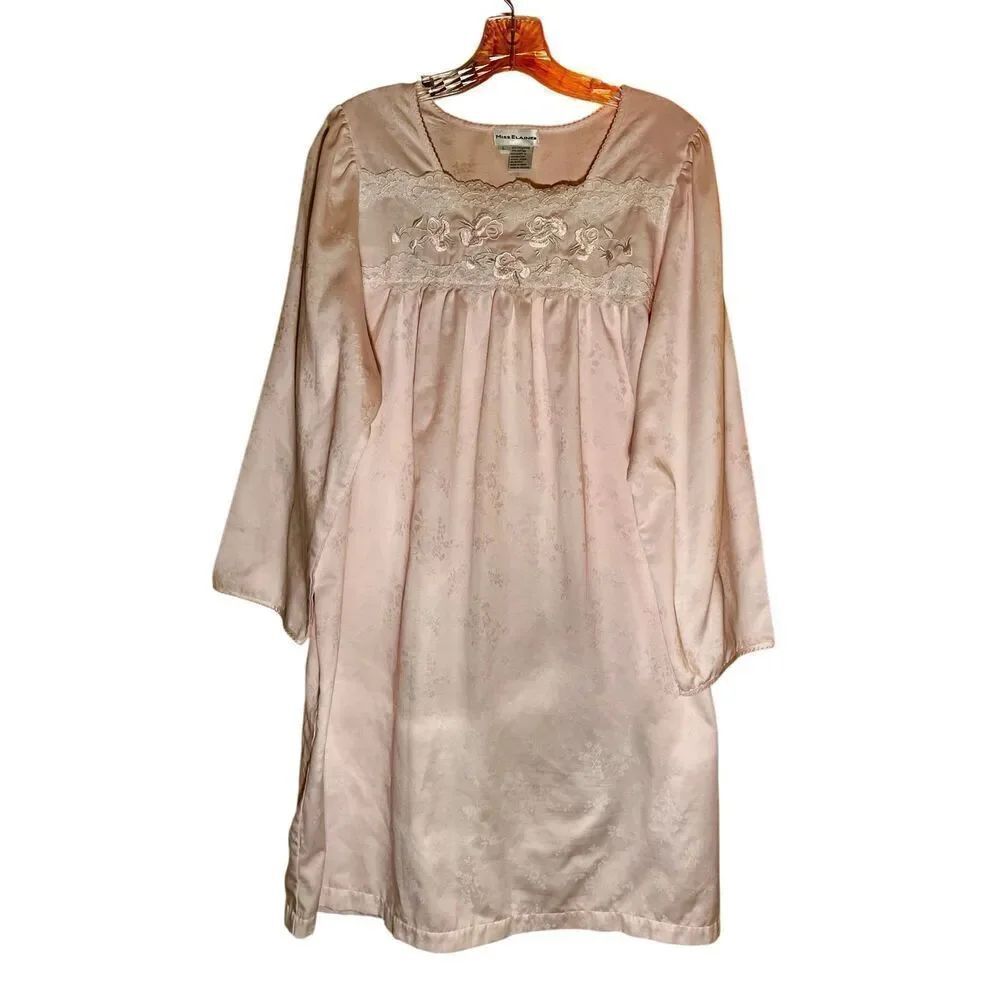 VTG Miss Elaine Women's Long Sleeve Sleepwear Gown with Lace and Floral Detail S